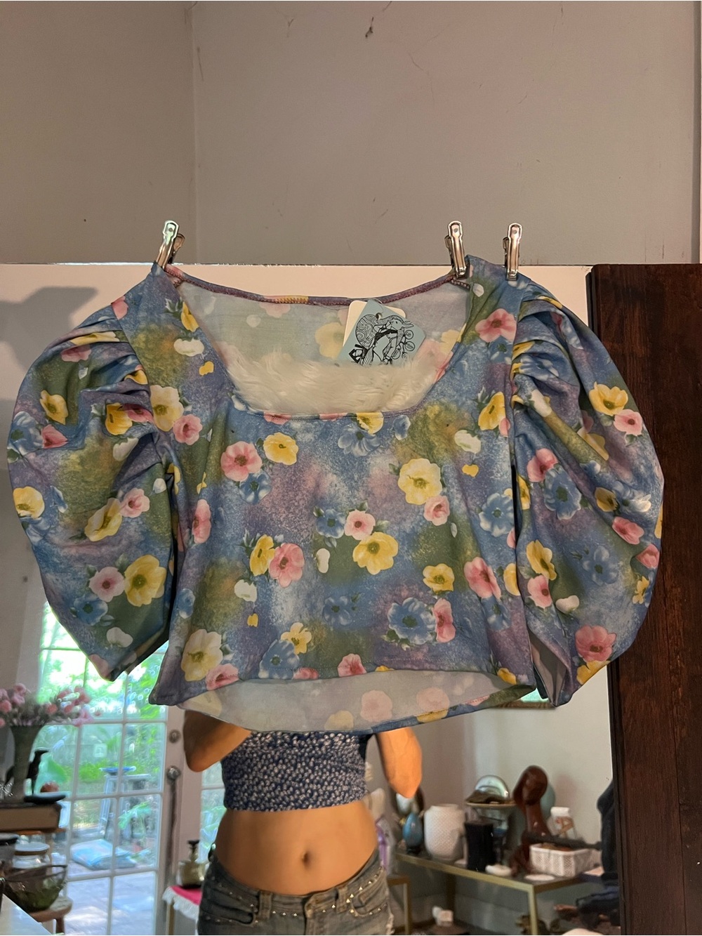 Small Floral Puff Sleeve Crop Top - Blue & Pastel